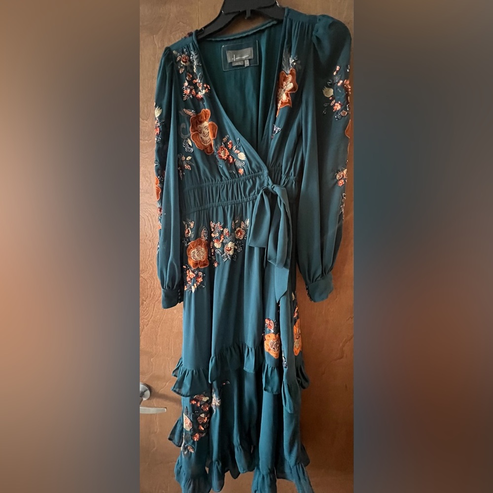 Teal green ruffle midi dress